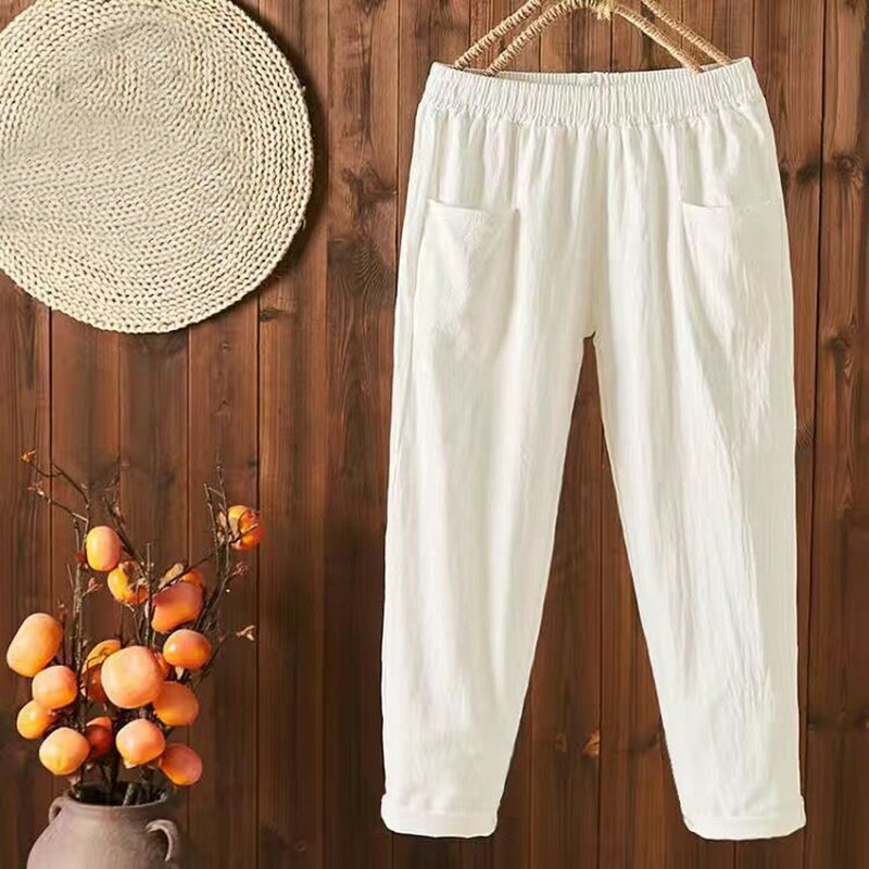 Cotton Linen Harem Pants Women's Solid Pocket Casual Pants 2023 Summer Loose Thin Female Trousers Pantalones
