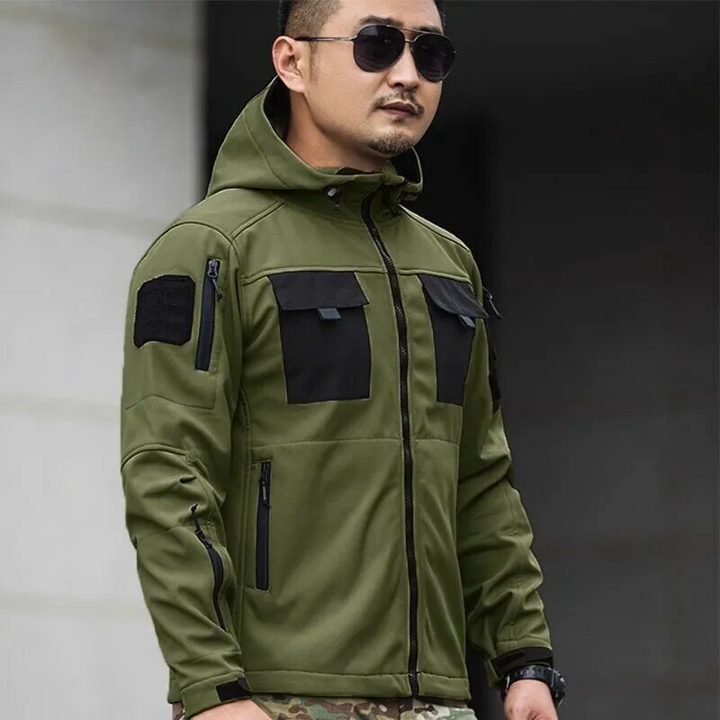 Mens Shark Skin Tactical Hooded Jackets Waterproof Fleece Soft Shell Multi-pockets Wear-resisting Jacket Outdoor Combat Coats