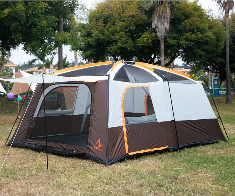 KTT tenda ekstra besar 10-12 orang (B), tenda kabin keluarga, 2 kamar, dinding lurus, 3 pintu dan 3 jendela dengan jaring