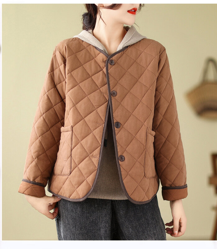Moda Temperament Lingge kurtka damska jesień i zima luźny Vintage długi rękaw jednorzędowy bawełniany krótki płaszcz