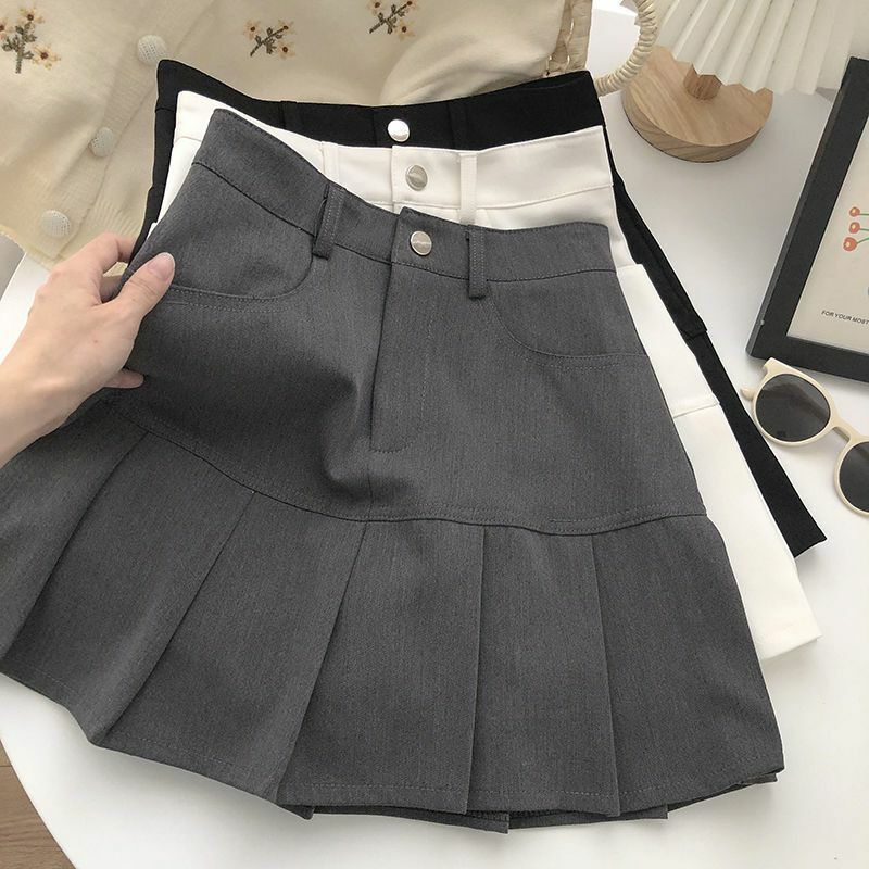 Deeptown Korean Preppy Pleated Women Mini Skirt Grey Casual High Waist Skirts Black A-Line Solid Cute College Style Short Skirt