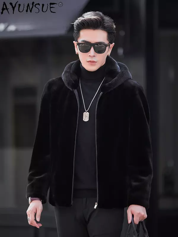 AYUNSUE-casaco de pele de vison real para homens, jaquetas com capuz, casacos pretos casuais, pele natural, inverno, 2023