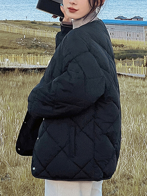 Jaket Down katun wanita, jaket parka longgar kasual musim gugur musim dingin, mantel quilt longgar model Korea ringan Single Breasted