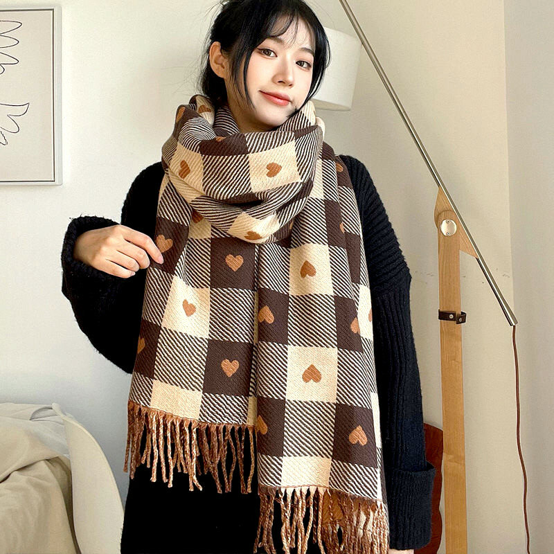 New Wool Knitted Scarf Love Heart Black White Plaid Shawls Scarf Thickened Warm Winter Women'S Scarves Christmas New Year Gifts