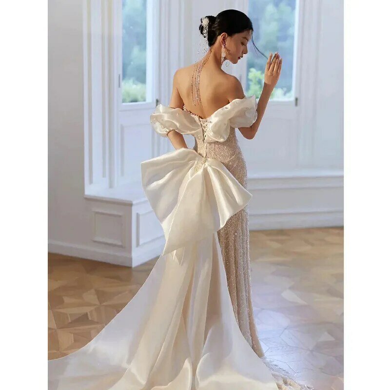 Новинка лета 2024, роскошная элегантная и высококачественная юбка-годе с одним воротником и жемчужными блестками, обручальное свадебное платье