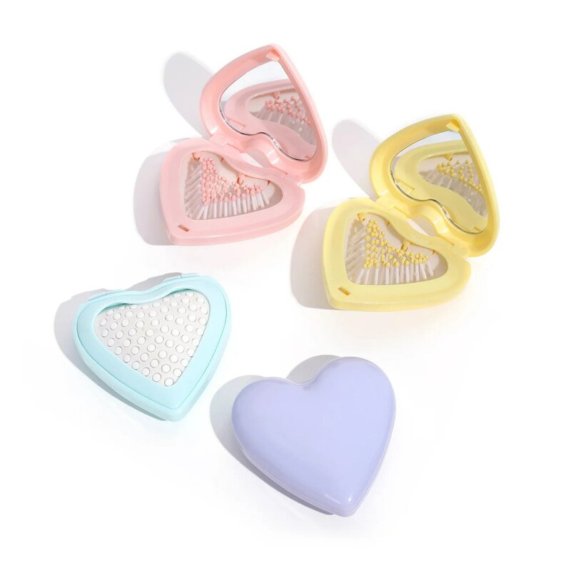 Pocket Hair Brush Small Size Hair Comb With Folding Mirror Heart Shape Portable Massage Folding Comb For Purse Travel Brush Tool