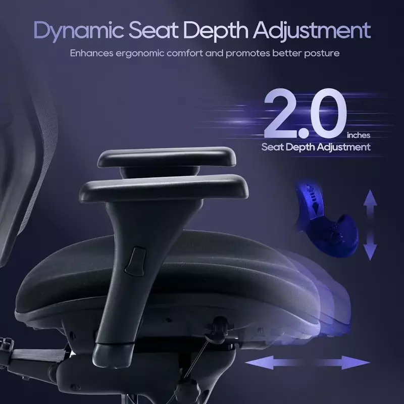 Silla de oficina de malla ergonómica, asiento ancho, respaldo ajustable en altura, reposabrazos, asiento deslizante, negro