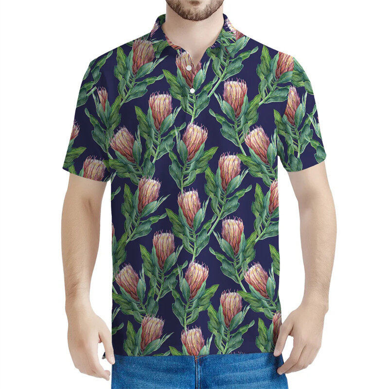 Protea Blumenmuster Polos hirts für Männer 3d gedruckt Blumen T-Shirts lässig Street Button Polos hirt Sommer Revers kurze Ärmel
