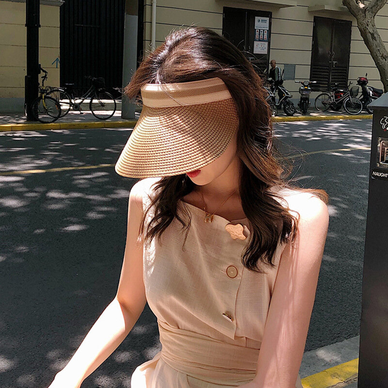 Women Summer Hat Outdoor Sun Protective Ponytail Straw Hat Face Transparent Visor Cap Handmade Natural Spring Sun Visor