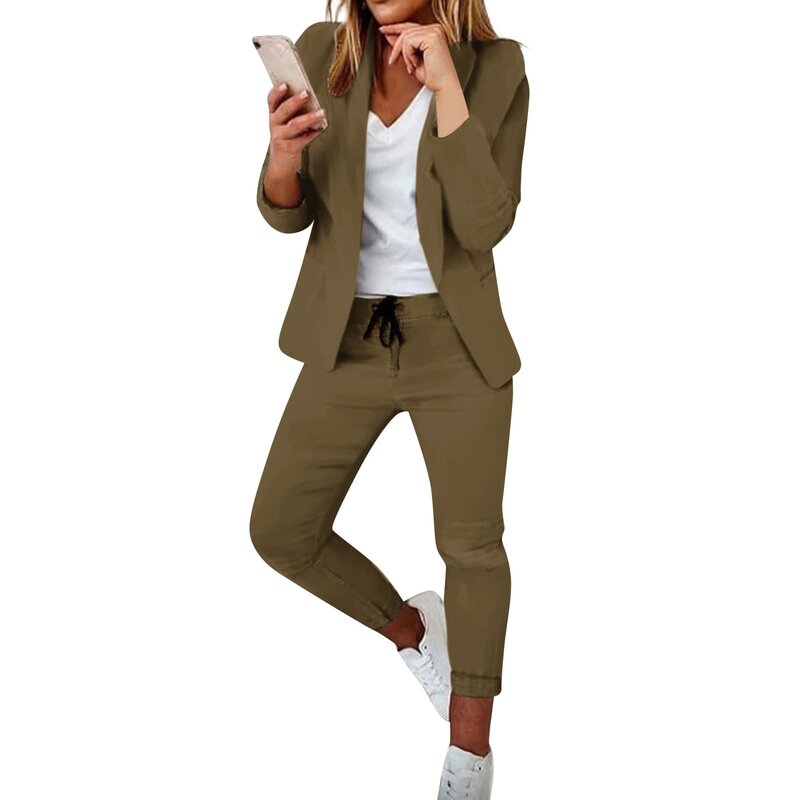 Trajes de Color liso para mujer, cárdigan informal de manga larga con solapa, chaquetas ajustadas, pantalones con cordón