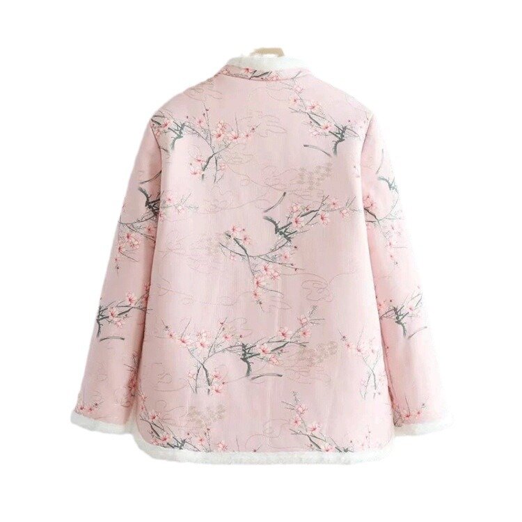 Jaqueta retrô de forro de lã feminina, nova, botão sapo, estampa floral, acolchoado de algodão, 2024