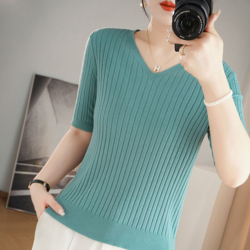 Spring/Summer Women's Knitted Shirt V-neck Wide Strip Bottom Pullover Round Neck Short 5/4 Sleeve Solid Slim Fit Top T-shirt