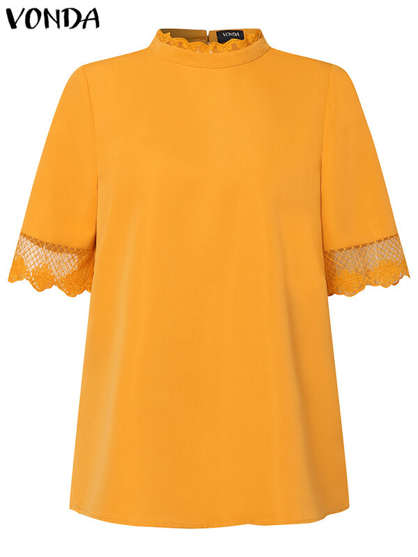 VONDA informal-Blusa de manga corta con cuello alto para verano, camisa elegante con retazos de encaje, Color liso, 2024