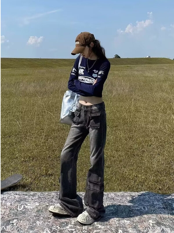 Модные женские джинсы Новинка весна-осень тонкие и маленькие стильные свободные прямые широкие брюки