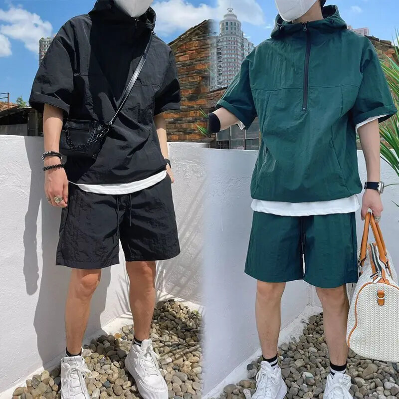 2024 New Summer Men tuta sportiva in due pezzi con cerniera allentata giacca a maniche corte con cappuccio Top Pullover Shorts Casual Solid Streetwear