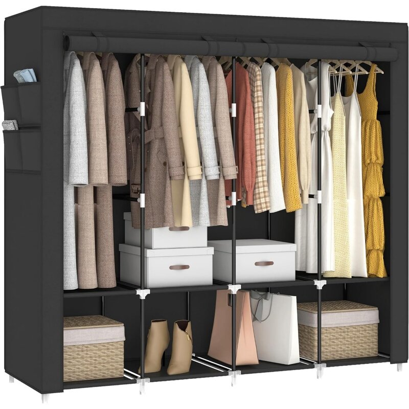 67-дюймовый портативный шкаф для подвешивания одежды, шкаф для гардероба, 4 подвесных стержня и боковые карманы, 8 полок для хранения