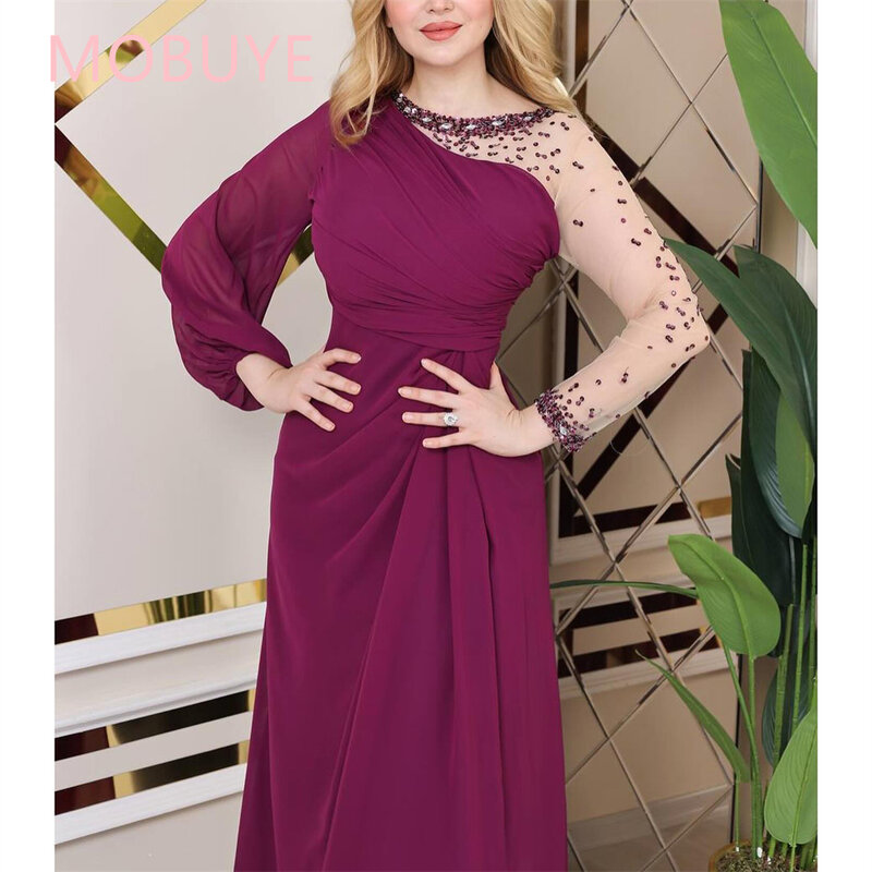 MOBUYE 2024 Arab Dubai A-Line O Neckline Prom Dress Long Sleeves With Floor Length Evening Fashion Elegant Party Dress For Women