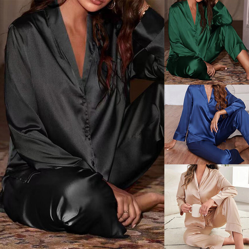 Conjunto de pijama cetim de seda feminino, pijama manga longa, espreguiçadeira com decote em v, pijama feminino, moda casual feminina, conforto, sólido