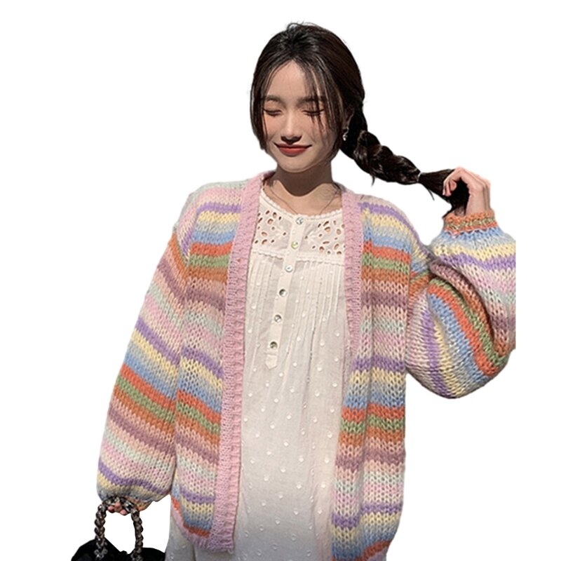 Open Front Rainbow Stripe Knitwear Cardigan Japanese Style Women Long Sleeve V-Neck Oversized Loose Sweater Coat Dropship