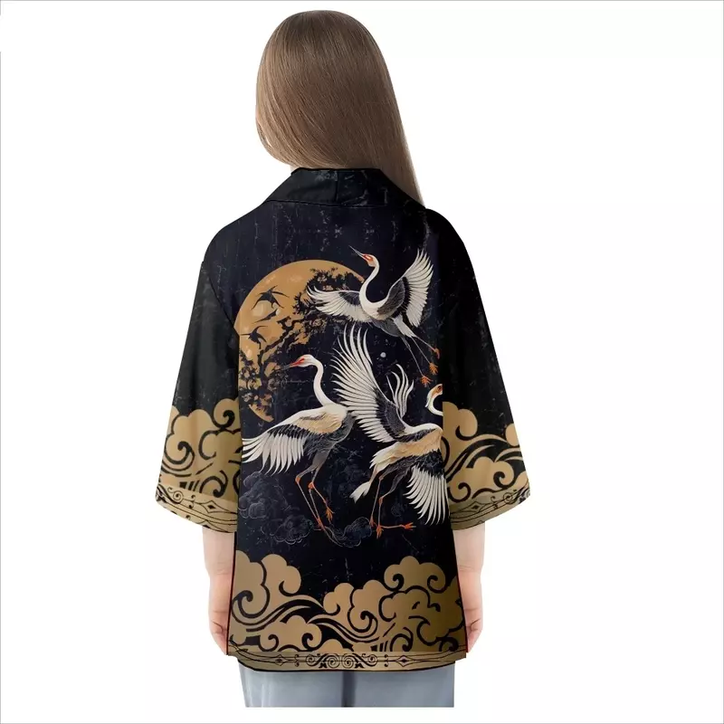 Camisa de Cosplay de estilo japonés con estampado de grulla 3D para hombres y mujeres, Kimono samurái tradicional, Haori, Yukata de playa japonesa