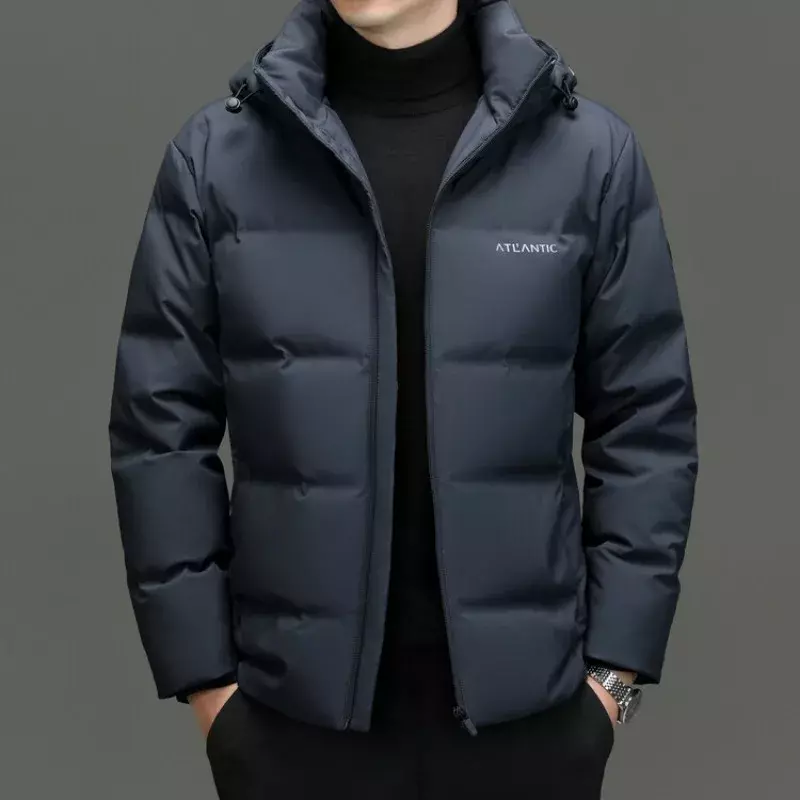 Мужская зимняя теплая Высококачественная удобная и простая куртка на утином пуху однотонная универсальная зимняя мужская одежда с капюшоном