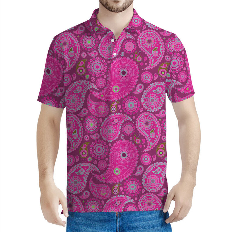 레드 페이즐리 3D 프린트 폴로 셔츠 남녀공용, 보헤미안 플로럴 패턴 반팔, 여름 라펠 티, 캐주얼 단추 티셔츠