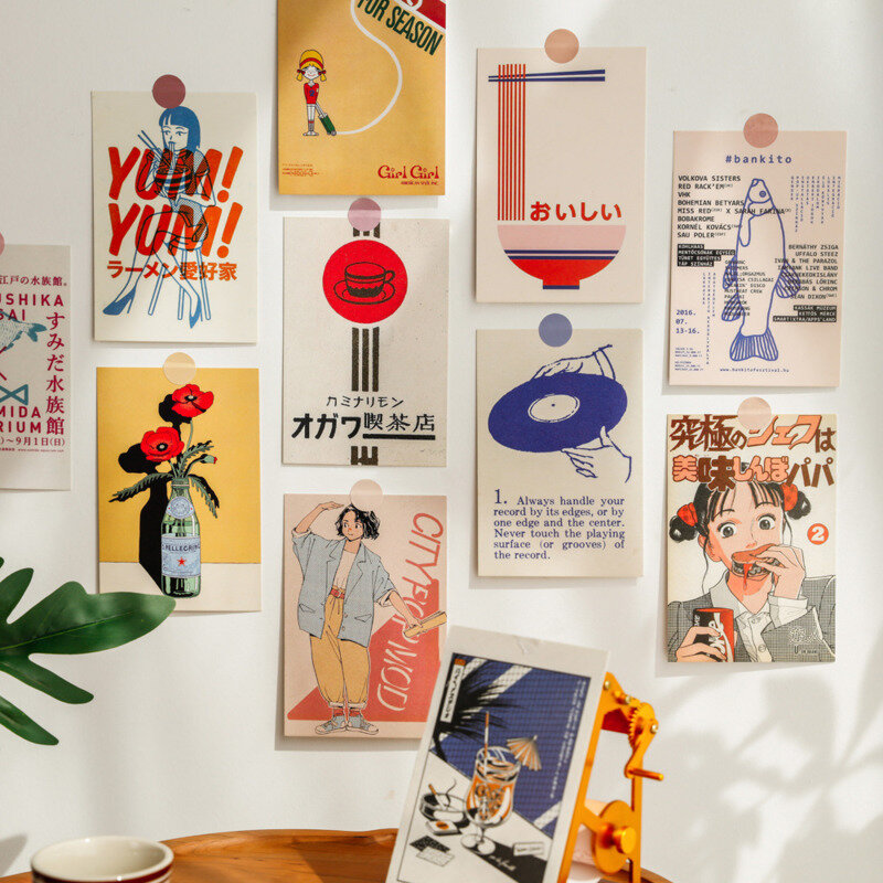 Japoński Showa Vintage Cartoon dziewczyna pocztówka śliczne rekwizyty fotograficzne pokoju tło ściany kreatywny Diy Kawaii 30 arkuszy darmowe naklejki