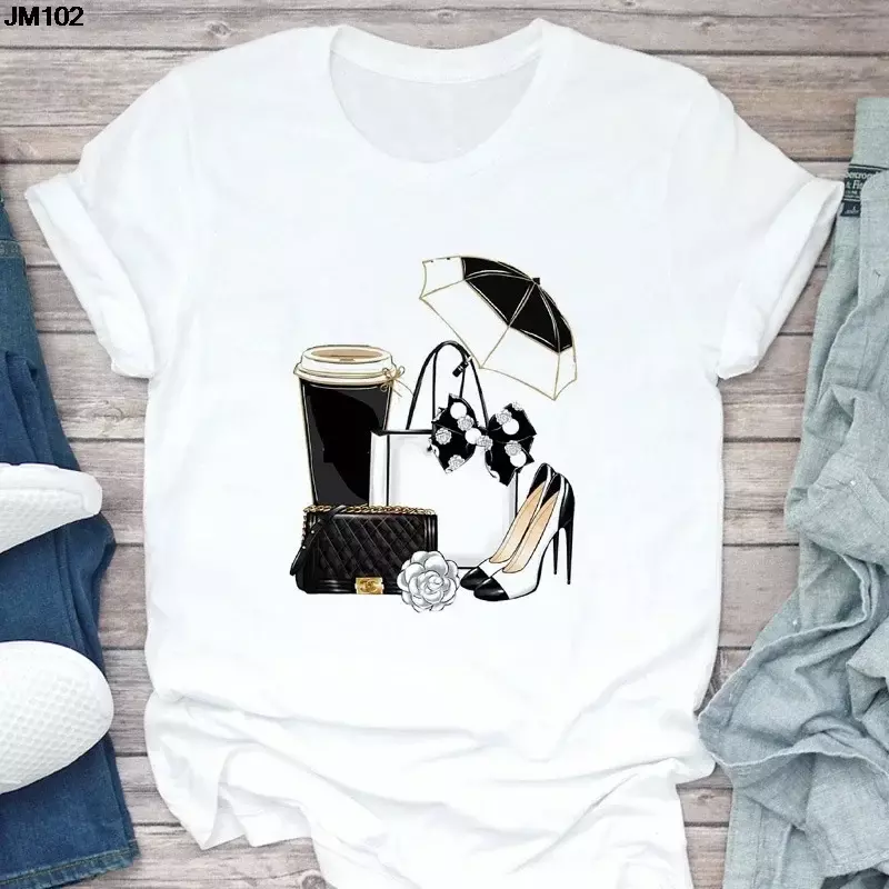 原宿-女性用ハイヒールスキンパターンTシャツ,カジュアルプリント半袖トップス,特大Tシャツ,新品
