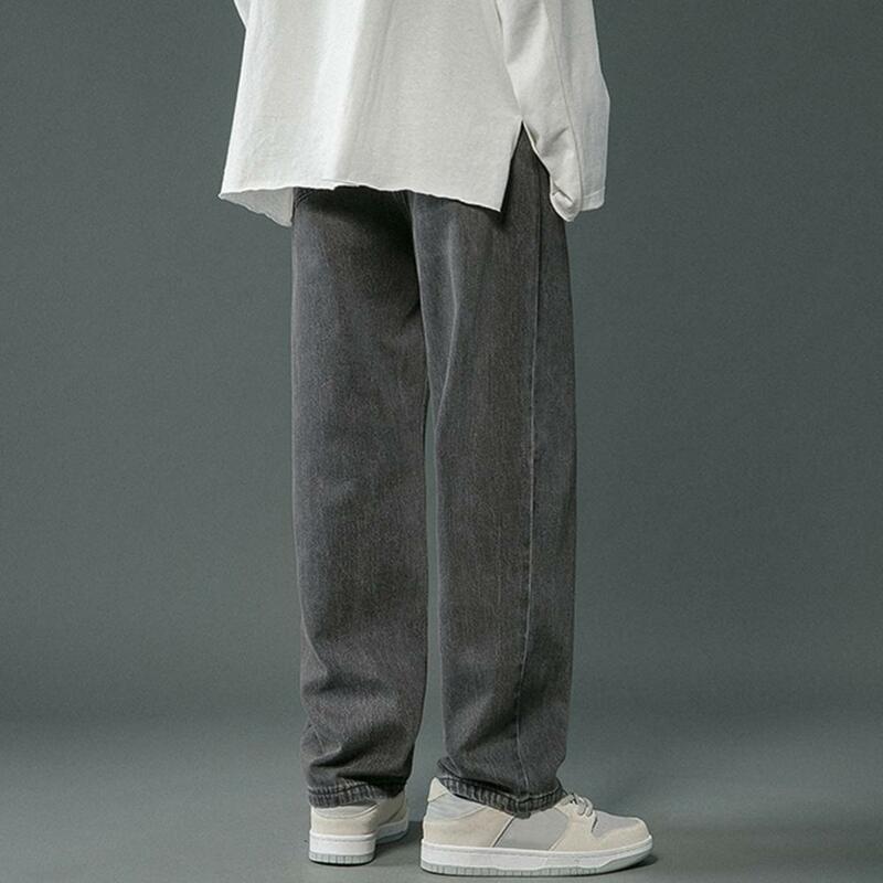 Calça jeans casual de perna larga masculina, jeans lavado com bolsos, calça reta clássica, estilo hip-hop, primavera
