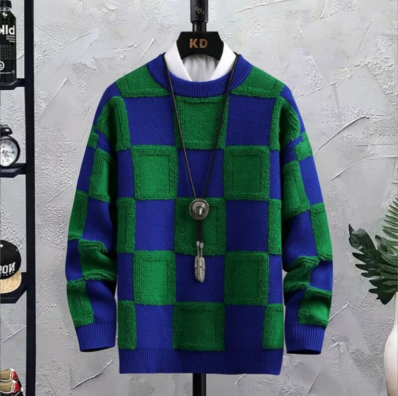 Suéteres de estilo coreano para hombre, suéteres de Cachemira gruesa y cálida de alta calidad, suéteres de lujo a cuadros, otoño e invierno, nuevo
