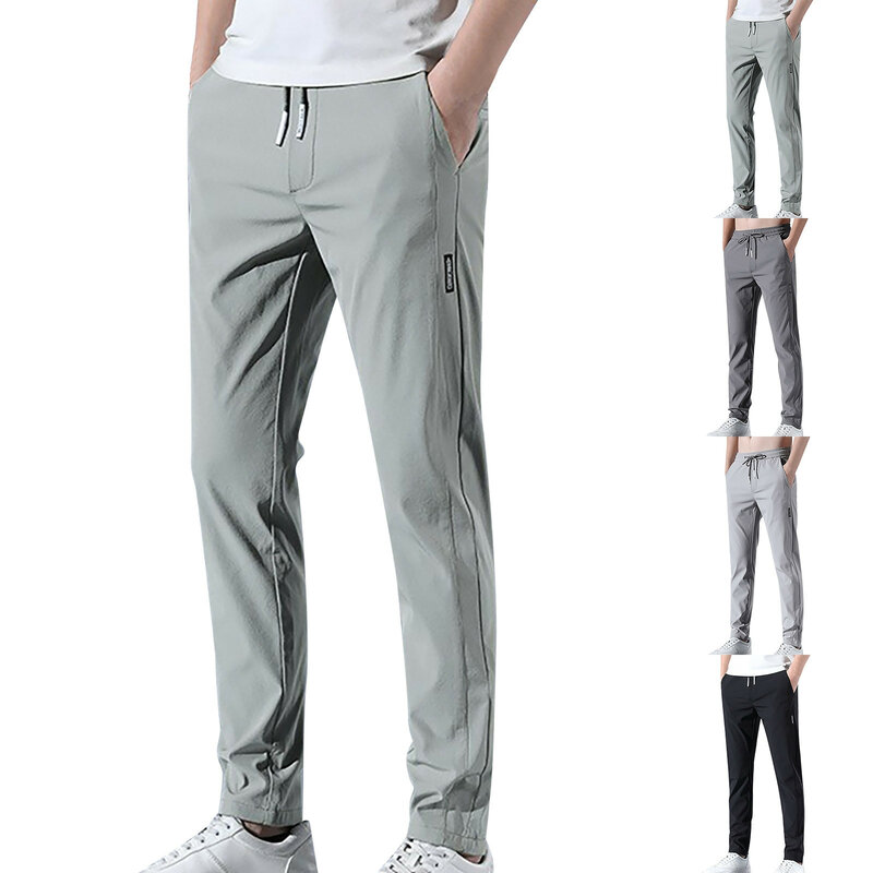 Ice Silk Men's Pants 2024 Summer New Black Gray Thin Business Casual Pants Outdoor Elastic Breathable Straight Leg Sweatpants