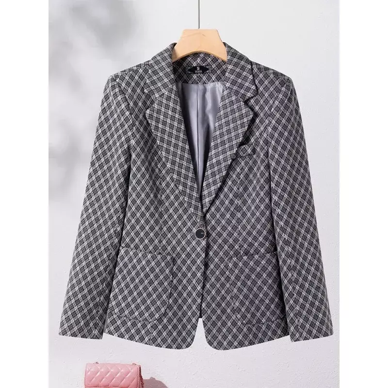 Blazer xadrez com bolso para mulheres, jaqueta casual para senhoras, manga longa, botão único, verde e cinza, casaco outono e inverno