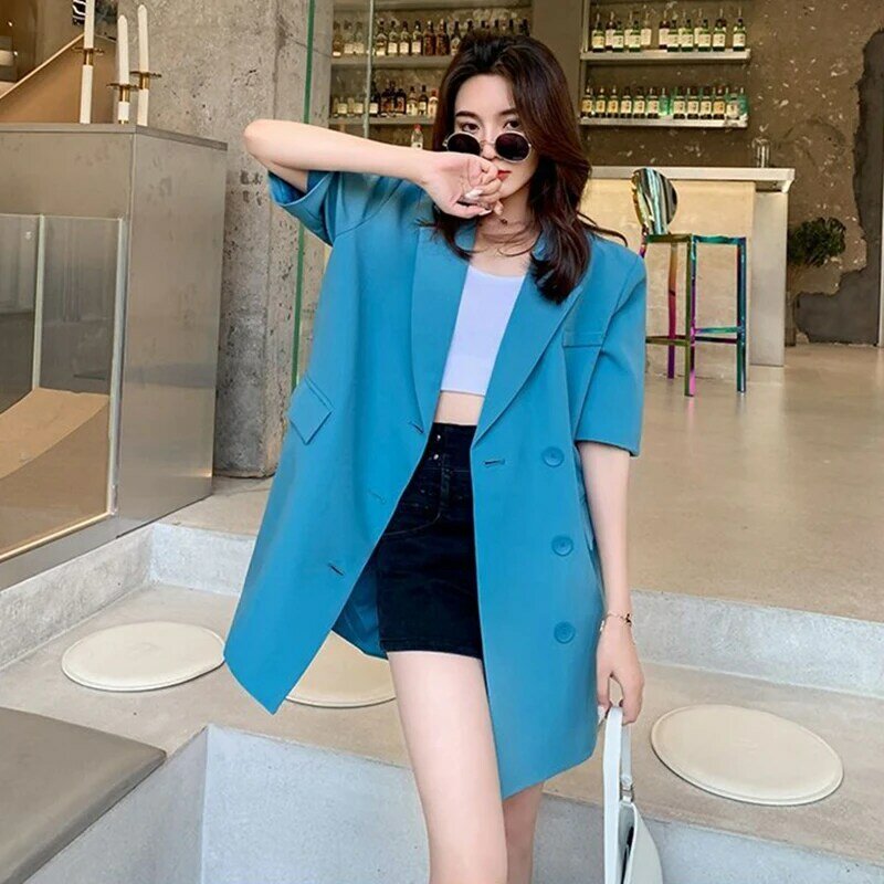 Women`s Short Sleeve Suit Summer Casual Jackets Blazer Oversized Outerwear Overcoat Blue Green Women Tops Coat Office Lady Wear