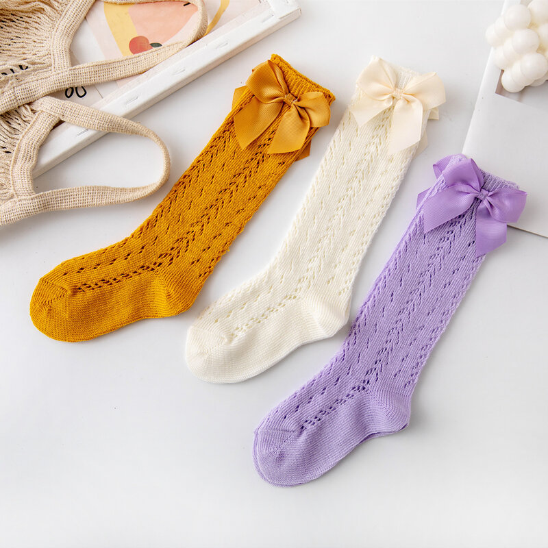 Calcetines de verano con lazo para niñas pequeñas, calcetín largo hasta la rodilla, malla de algodón, transpirable, estilo español, 0 a 8 años