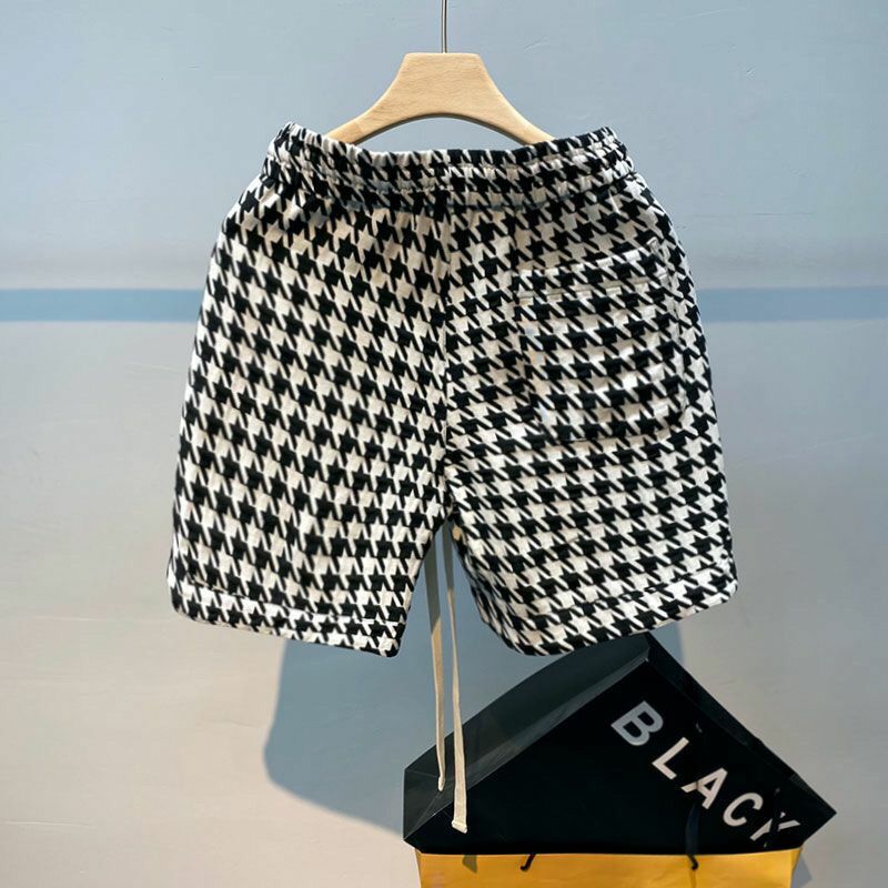 2024 New Summer Trend Casual Loose and Breathable Quick Drying Drawstring Elastic Waist Thousand Bird Grid Shorts for Men
