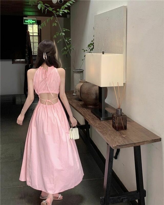 Sanfte rosa hängende Hals Kleid Frauen Sommer Schnürung hohlen A-Linie Rock elegante Taille gewickelt mittellangen Rock