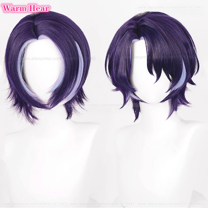 Wig Cosplay Anime HSR, Wig Anime HSR pendek 33cm, Wig Anime Cosplay highlight ungu, rambut tahan panas 2024 Halloween 2 gaya