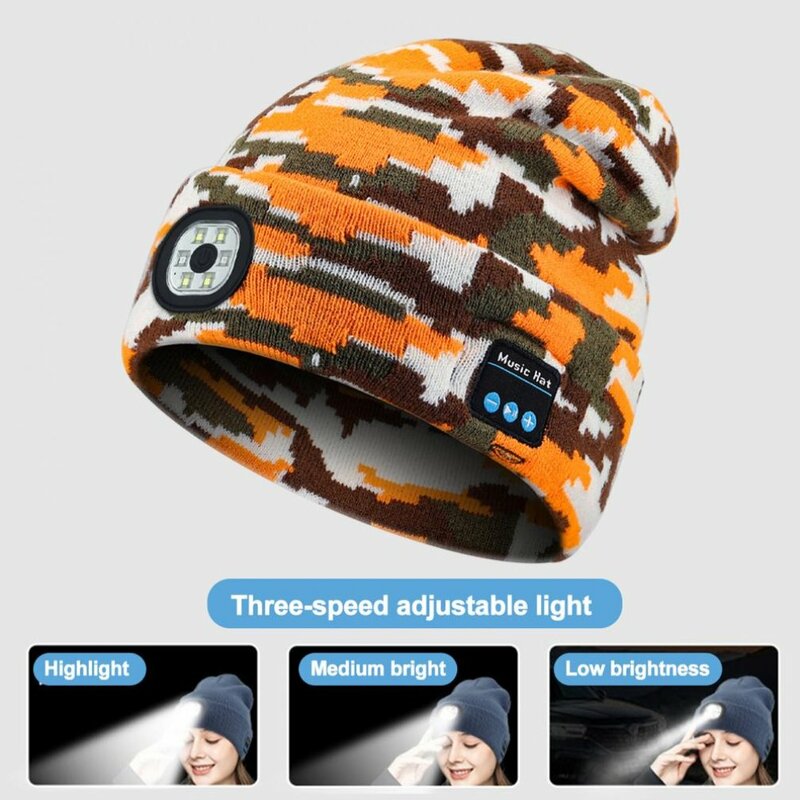 Topi hangat Bluetooth, topi Beanie dapat diisi ulang kecerahan tinggi, topi hangat musim dingin musik nirkabel untuk Jogging malam