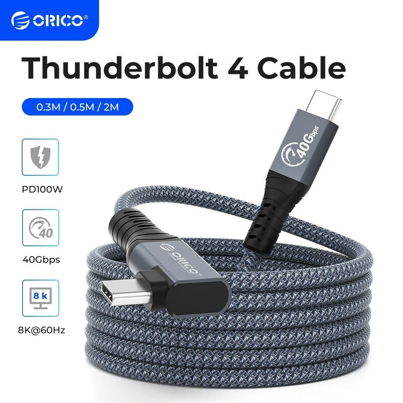 ORICO 2M kabel Thunderbolt 4,kompatybilny z Thunderbolt 3/USB4, szybkość transmisji 40 Gbps, 8K60Hz, z zasilaczem 100 W (20 V/5 A) do komputerów, eGUP i laptopów (kąt prosty, 2 m)