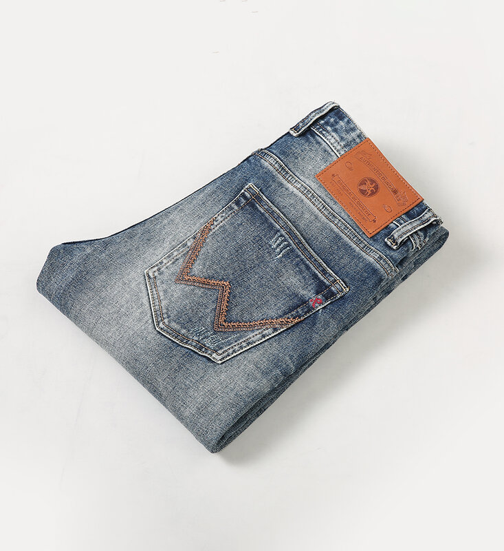 Markowe męskie jeansy wysokiej jakości niebieskie w stylu Retro elastyczne Slim Fit porwane jeansy mężczyzn spodnie w stylu Vintage casualowe spodnie jeansowe Hombre