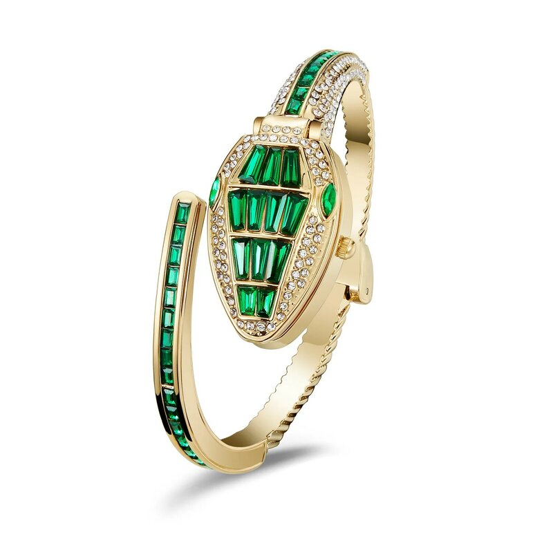 Reloj de pulsera de serpiente con incrustaciones de circonita verde para mujer, pulsera de brazalete de serpiente, estilo Viper, Europa, América, 2023
