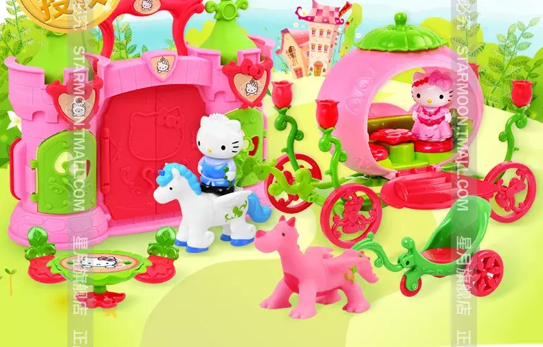 Original Hello Kitty Cute Kawaii Pretend Play Stick Horses Anime Figure Baby Toys Fairy Tale Castle Luxury Set Dolls
