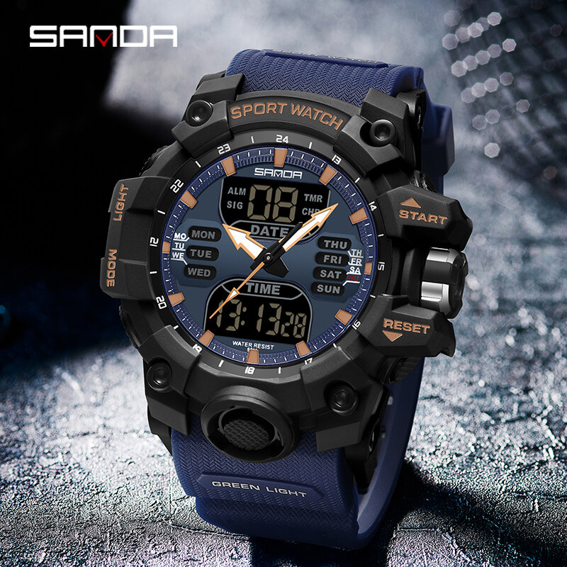 Sanda Sport Militair Heren Horloge Luxe Led Digitaal Horloge Mode Outdoor Elektron Kwarts Mannelijke Polshorloge Dubbele Display Heren Klok
