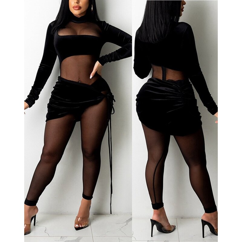 Women Mock Neck Contrast Sheer Mesh Velvet Sexy Jumpsuit and Tied Skirt Set Design Skinny Jumpsuits One-Piece Party Outfits