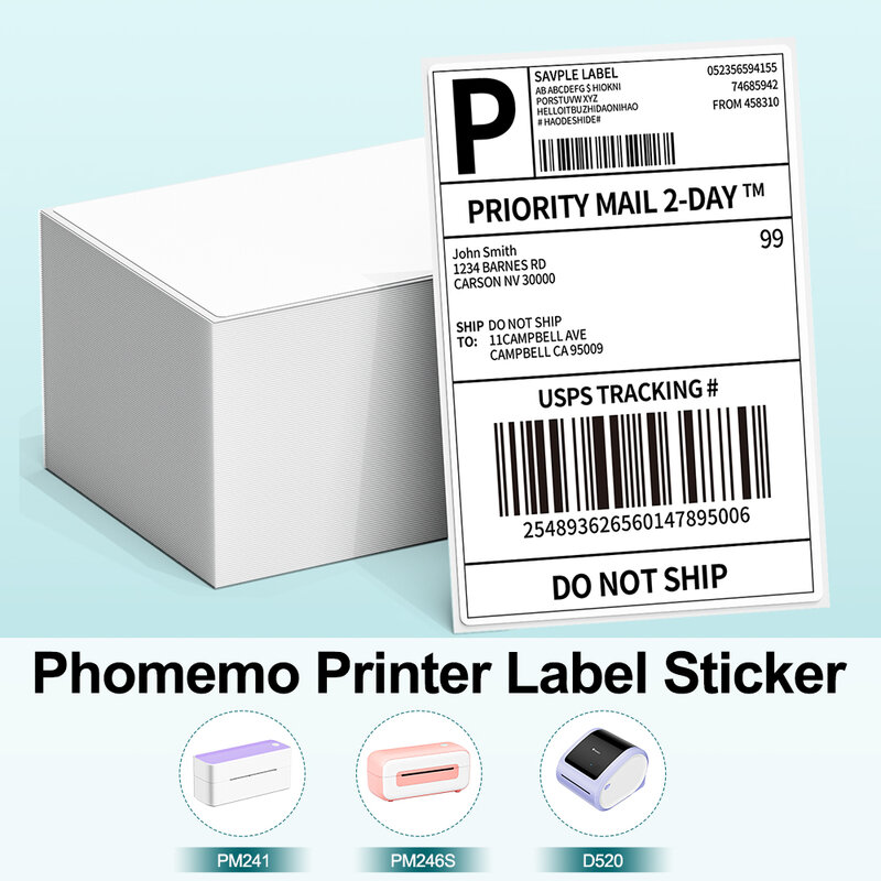 Phomemo-etiquetas térmicas directas Fanfold, 4X6 pulgadas, envío perforado blanco, Compatible con impresoras Zebra PM241 246S D520