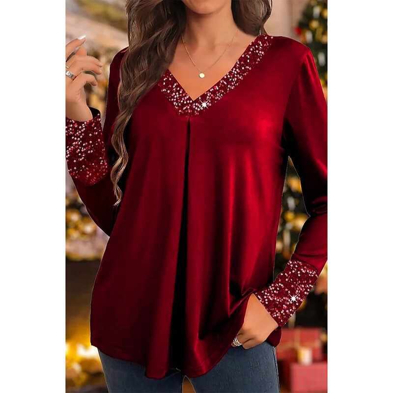 Plus Size Fall Winter Christmas Red Sparkly Sequin Patchwork Fold V Neck Long Sleeve Blouse