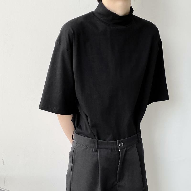Turtleneck Lembut Padat Lengan Pendek Pria Longgar Kaus Mode Korea Harajuku Kasual Semua Pertandingan Pakaian Baru Jalan Musim Panas