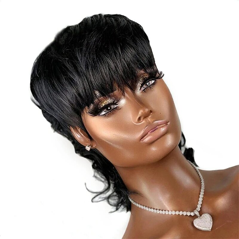 Jerry Curl Remy Human Hair Mullet Full Machine Made Wig With Bangs Glueless Pixie Cut Dovetail Natural Color Wigs Ready To Wear