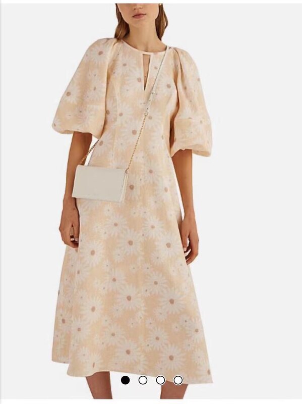 Vestido Midi de lino con manga acampanada corta para mujer, estampado de margaritas y flores, 100%