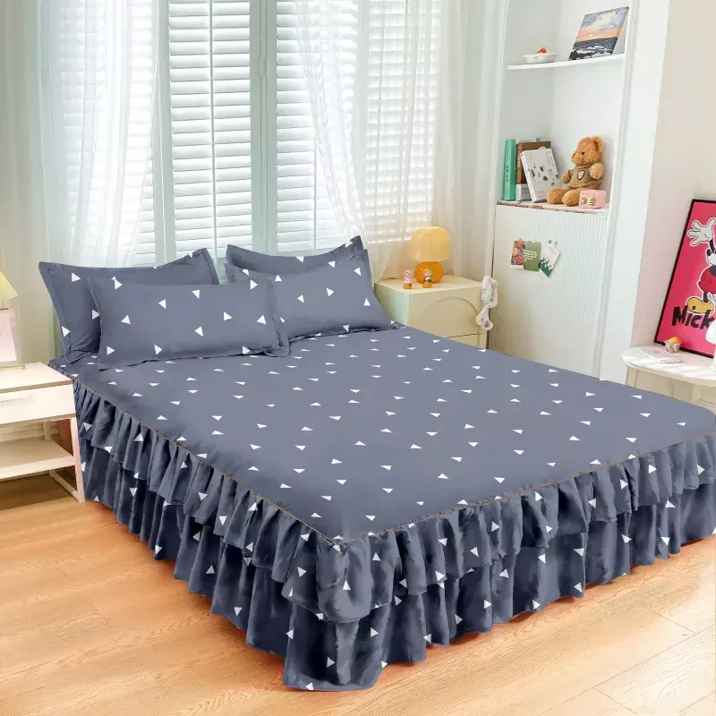 Lace Trim Trilateral Heightening Bed Skirt Pillowcase Three-piece Set Anti-slip Mattress Cover Soft Comfortable Cotton Double